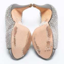 Pre Owned Gina Grey Satin Crystal Embellished Open Toe Platform Pumps Size 37.5