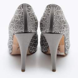 Pre Owned Gina Grey Satin Crystal Embellished Open Toe Platform Pumps Size 37.5