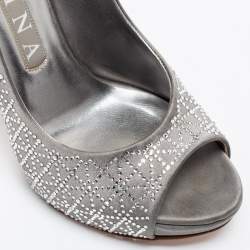 Pre Owned Gina Grey Satin Crystal Embellished Open Toe Platform Pumps Size 37.5