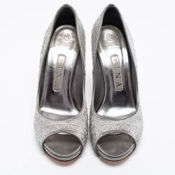 Pre Owned Gina Grey Satin Crystal Embellished Open Toe Platform Pumps Size 37.5