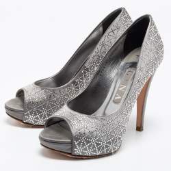 Pre Owned Gina Grey Satin Crystal Embellished Open Toe Platform Pumps Size 37.5