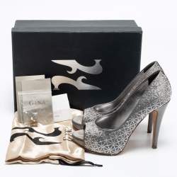 Pre Owned Gina Grey Satin Crystal Embellished Open Toe Platform Pumps Size 37.5
