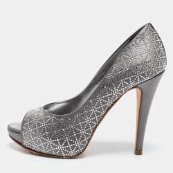 Pre Owned Gina Grey Satin Crystal Embellished Open Toe Platform Pumps Size 37.5