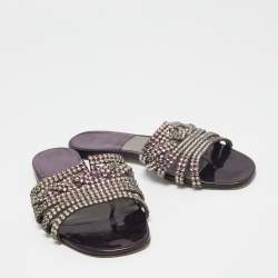 Pre Owned Gina Metallic Purple Patent Leather Crystal Embellished Flats Size 38.5