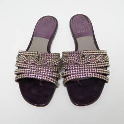 Pre Owned Gina Metallic Purple Patent Leather Crystal Embellished Flats Size 38.5