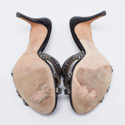 Pre Owned صندل سلايد جينا جلد لامع نقشة تمساح أسود مزخرف كريستال مقاس 39