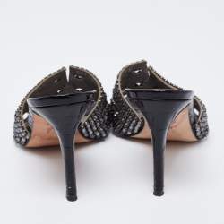 Pre Owned صندل سلايد جينا جلد لامع نقشة تمساح أسود مزخرف كريستال مقاس 39