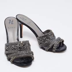 Pre Owned صندل سلايد جينا جلد لامع نقشة تمساح أسود مزخرف كريستال مقاس 39