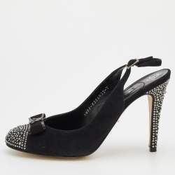 Pre Owned صندل جينا ساتان وسويدي أسود مقدمة سوداء مزخرف كريستال فتحة كعب مقاس 40