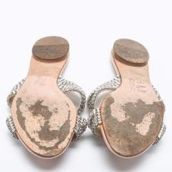 مملوكة مسبقًا حذاء سلايد فلات جينا جلد فضي/وردي مزخرف كريستال مقاس 37.5