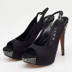 Pre Owned Gina Black Satin Embellished Heel Platform Slingback Sandals Size 38.5