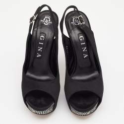 Pre Owned Gina Black Satin Embellished Heel Platform Slingback Sandals Size 38.5