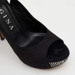 Pre Owned Gina Black Satin Embellished Heel Platform Slingback Sandals Size 38.5
