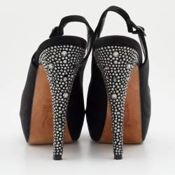 Pre Owned Gina Black Satin Embellished Heel Platform Slingback Sandals Size 38.5
