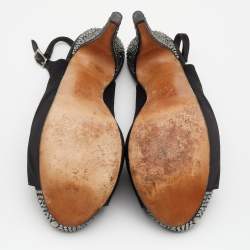 Pre Owned Gina Black Satin Embellished Heel Platform Slingback Sandals Size 38.5