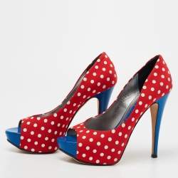 Gina Red/Blue Polka Dot Print Canvas Peep Toe Platform Pumps Size 38