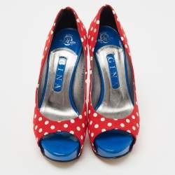 Gina Red/Blue Polka Dot Print Canvas Peep Toe Platform Pumps Size 38