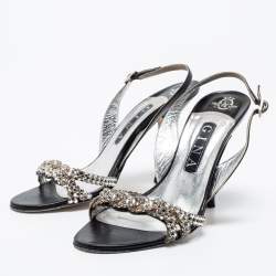 Pre Owned Gina Black Leather Embellished Slingback Sandals Size 38.5