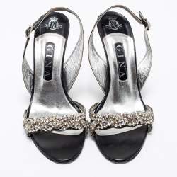 Pre Owned Gina Black Leather Embellished Slingback Sandals Size 38.5