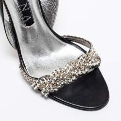 Pre Owned Gina Black Leather Embellished Slingback Sandals Size 38.5