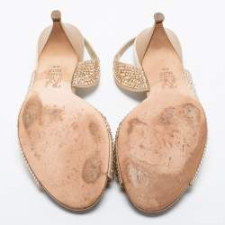 Pre Owned صندل جينا ساتان ذهبي مرصع كريستال فتحة كعب مقاس 39.5