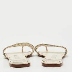 Pre Owned Gina Cream/Silver Leather Crystal Embellished Flat Sandals Size 39