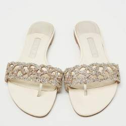 Pre Owned Gina Cream/Silver Leather Crystal Embellished Flat Sandals Size 39