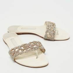 Pre Owned Gina Cream/Silver Leather Crystal Embellished Flat Sandals Size 39