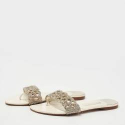 Pre Owned Gina Cream/Silver Leather Crystal Embellished Flat Sandals Size 39