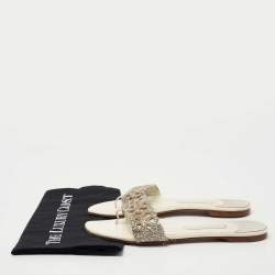 Pre Owned Gina Cream/Silver Leather Crystal Embellished Flat Sandals Size 39