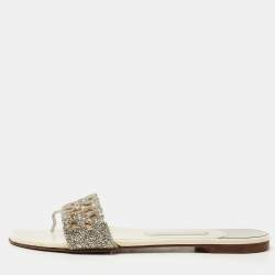 Pre Owned Gina Cream/Silver Leather Crystal Embellished Flat Sandals Size 39