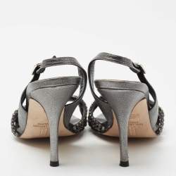 Pre Owned Gina Black Leather Crystal Embellished Slingback Sandals Size 37.5