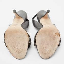 Pre Owned Gina Black Leather Crystal Embellished Slingback Sandals Size 37.5