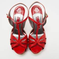 Pre Owned Gina Red Patent Leather T-Strap Platform Sandals Size 37