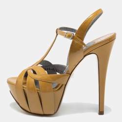 Pre Owned Gina Mustard Patent Leather T-Strap Platform Sandals Size 37
