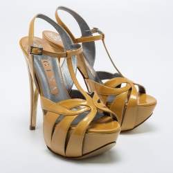 Pre Owned Gina Mustard Patent Leather T-Strap Platform Sandals Size 37