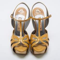 Pre Owned Gina Mustard Patent Leather T-Strap Platform Sandals Size 37