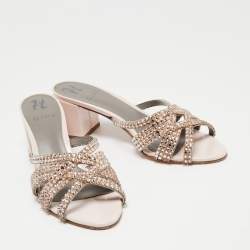 مملوكة مسبقًا Gina Beige Leather Crystals Embellished Slide Sandals Size 39.5