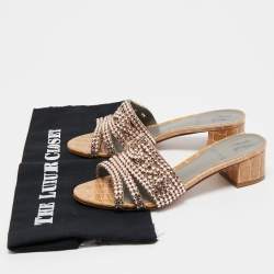 Pre Owned Gina Beige Croc Embossed Patent Leather Crystal Embellished Slide Sandals Size 36.5