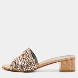 Pre Owned Gina Beige Croc Embossed Patent Leather Crystal Embellished Slide Sandals Size 36.5