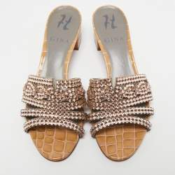 Pre Owned Gina Beige Croc Embossed Patent Leather Crystal Embellished Slide Sandals Size 36.5