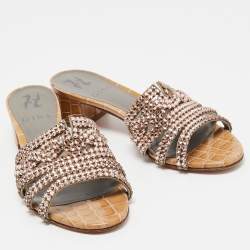 Pre Owned Gina Beige Croc Embossed Patent Leather Crystal Embellished Slide Sandals Size 36.5