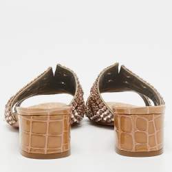 Pre Owned Gina Beige Croc Embossed Patent Leather Crystal Embellished Slide Sandals Size 36.5