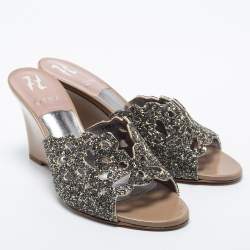 Pre Owned Gina  Brown/Silver Leather Crystal Embellished Wedge Sandals Size 39.5