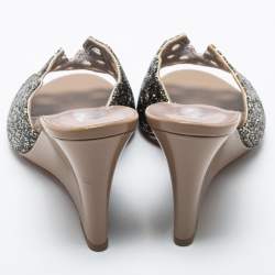 Pre Owned Gina  Brown/Silver Leather Crystal Embellished Wedge Sandals Size 39.5