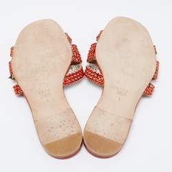 مملوكة مسبقًا Gina Red/Gold Crystal Embellished Leather Flat Slides Size 37