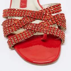 مملوكة مسبقًا Gina Red/Gold Crystal Embellished Leather Flat Slides Size 37