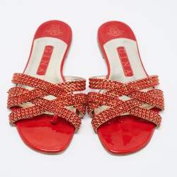 مملوكة مسبقًا Gina Red/Gold Crystal Embellished Leather Flat Slides Size 37