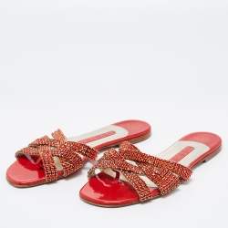 مملوكة مسبقًا Gina Red/Gold Crystal Embellished Leather Flat Slides Size 37