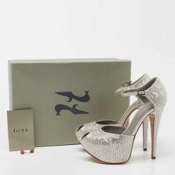 Pre Owned Gina Grey Satin Crystal Embellished Peep Toe Pumps Size 38